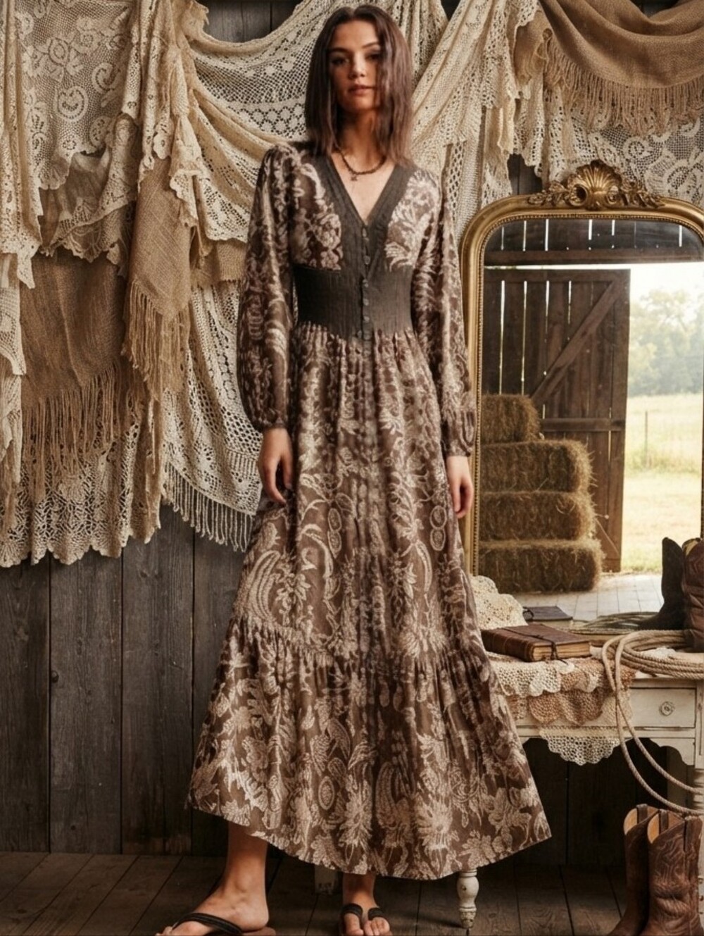 Brown Floral Long Sleeve V-Neck Maxi Dress